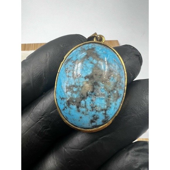 Natural Turquoise Pendant Metal Brass Handmade With Rope - Picture 6 of 11